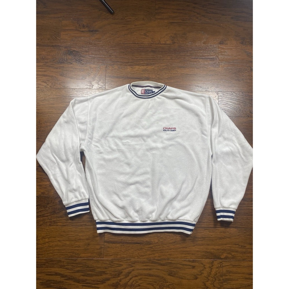 Chaps Ralph Lauren Vintage Fleece Sweatshirt‎ Mens Large White Navy Blue Striped